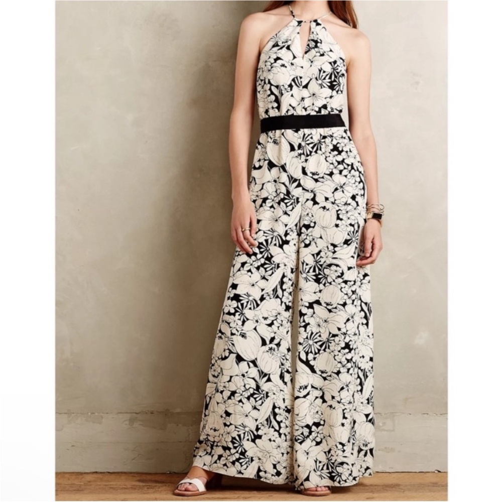 Anthropologie Elevenses Lilium Silk Jumpsuit  Black & Cream Floral Print